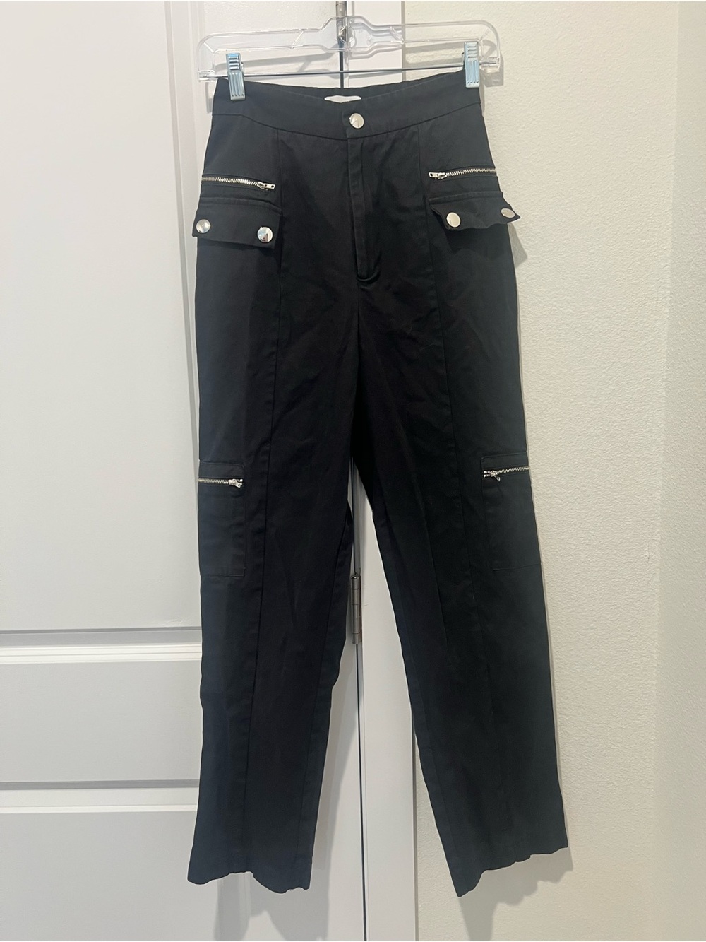 superdown Black Cargo-Style High-Rise Pants with Silver Zip Details